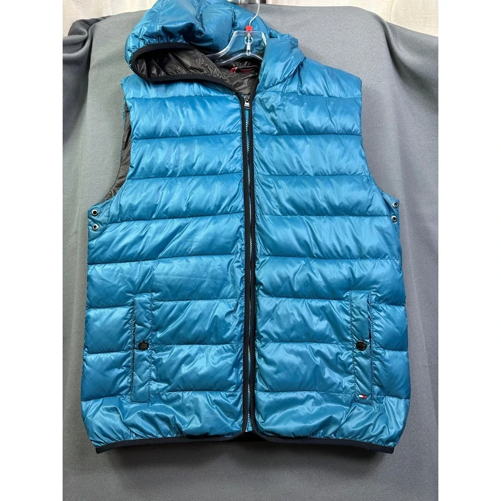 Tommy Hilfiger Men's Puffer Vest Teal‎ Blue Hooded Quilted Full Zip Size Large